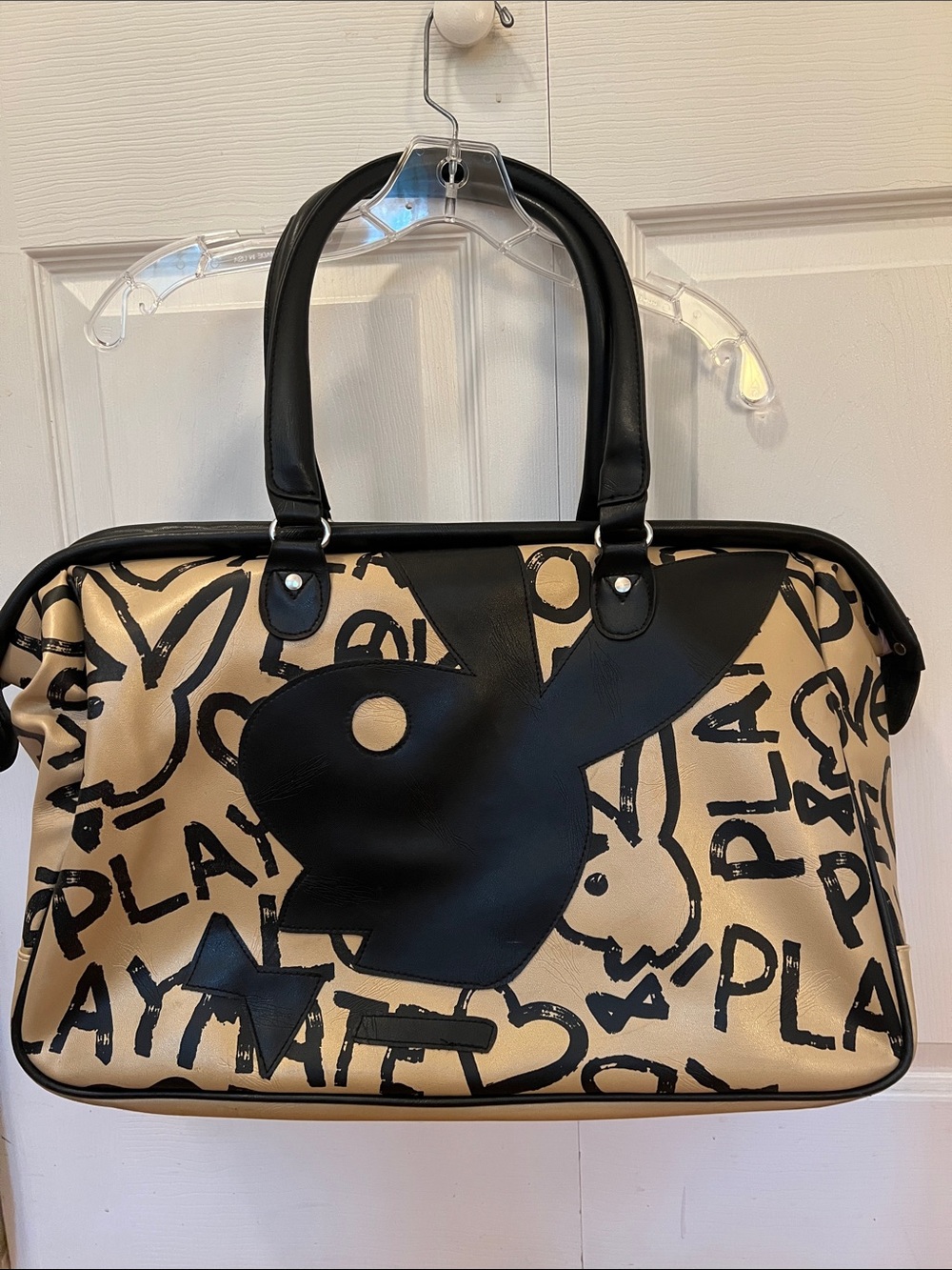 PLAYBOY Black and Tan Repeating Logo Tote